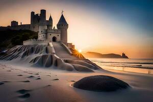 a castle sits on the beach at sunset. AI-Generated photo