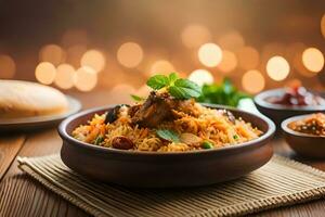 indian food with rice and meat in bowl on wooden table. AI-Generated photo