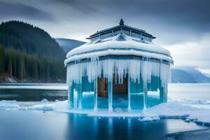 an ice covered gazebo sits on the shore of a lake. AI-Generated photo