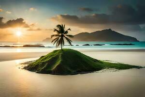 tropical isla palma árbol en el playa a puesta de sol. generado por ai foto