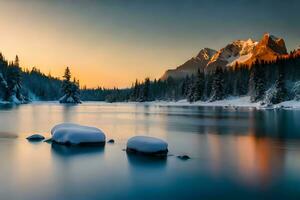a beautiful sunset over a lake with snow covered rocks. AI-Generated photo
