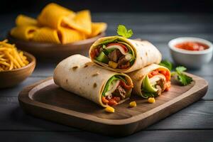 burritos with vegetables and corn chips on a wooden tray. AI-Generated photo