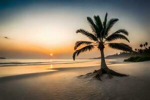 a palm tree stands on the beach at sunset. AI-Generated photo