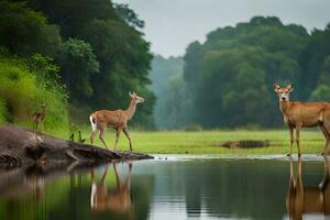 two deer standing in the water near a river. AI-Generated photo