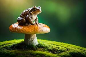 a frog sits on top of a mushroom. AI-Generated photo