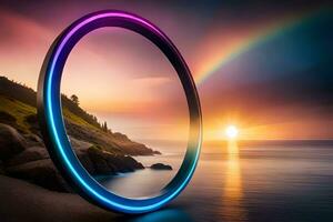 a rainbow ring is lit up in front of the ocean. AI-Generated photo