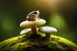 a frog sits on top of a mushroom. AI-Generated photo