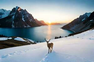 a deer stands on the snow near a lake at sunset. AI-Generated photo
