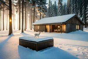 a small cabin in the middle of a snowy forest. AI-Generated photo