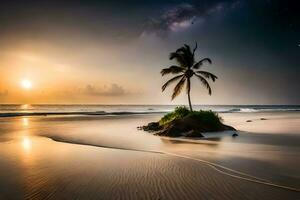 a palm tree stands on a small island in the ocean. AI-Generated photo