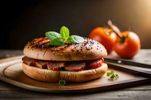 hamburguesa con carne y Tomates en un de madera corte tablero. generado por ai foto