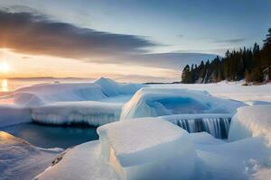 a frozen waterfall at sunset in the mountains. AI-Generated photo