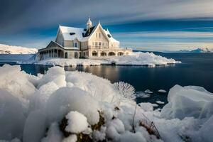 un casa se sienta en un isla cubierto en nieve. generado por ai foto