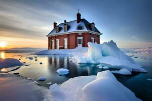 a house sits on top of an iceberg in the middle of the ocean. AI-Generated photo