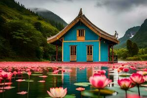 a blue house sits on the water surrounded by pink lotuses. AI-Generated photo