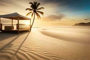 a beach hut sits on the sand with palm trees. AI-Generated photo