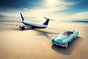 a vintage car and airplane on the beach. AI-Generated photo