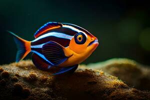 un naranja y negro pescado con azul ojos. generado por ai foto