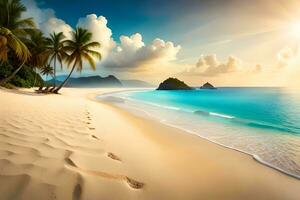 tropical beach with palm trees and footprints. AI-Generated photo
