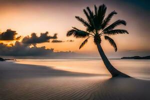 a lone palm tree stands on the beach at sunset. AI-Generated photo