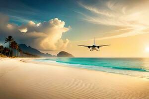 un avión es volador terminado el playa a puesta de sol. generado por ai foto