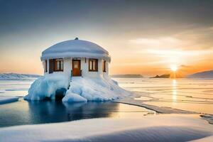 un casa sentado en parte superior de un hielo témpano de hielo. generado por ai foto