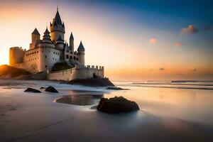 a castle sits on the beach at sunset. AI-Generated photo