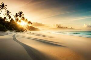 un hermosa playa con palma arboles y el Dom ajuste. generado por ai foto