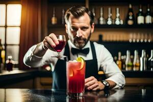 barman torrencial rojo cóctel dentro vaso. generado por ai foto