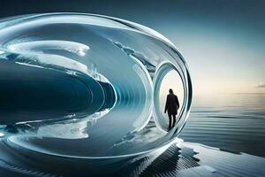 a man standing in front of a large glass sphere. AI-Generated photo