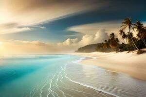 un hermosa playa escena con palma arboles y agua. generado por ai foto