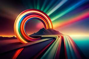 a colorful rainbow ring is in the middle of a mountain. AI-Generated photo