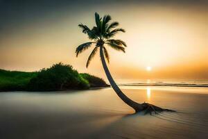 a palm tree on a beach at sunset. AI-Generated photo