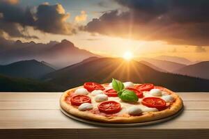 pizza with mozzarella cheese and tomatoes on a wooden table with the sun setting in the. AI-Generated photo