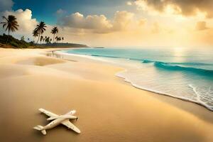 un avión en el playa a puesta de sol. generado por ai foto