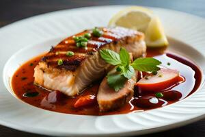 grilled salmon with vegetables and lemon on a white plate. AI-Generated photo