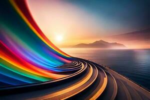 arco iris olas en el Oceano a puesta de sol. generado por ai foto