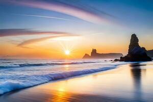 sunset on the beach with waves and rocks. AI-Generated photo