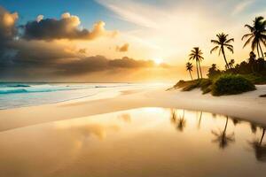 un hermosa puesta de sol en un tropical playa. generado por ai foto