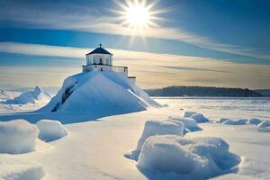 un faro se sienta en parte superior de un Nevado colina. generado por ai foto