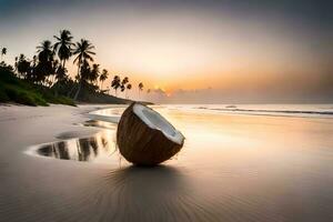 coconut on the beach at sunset. AI-Generated photo