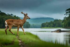 a deer and an alligator in the water. AI-Generated photo