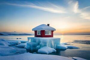 un rojo casa se sienta en parte superior de un hielo témpano de hielo. generado por ai foto