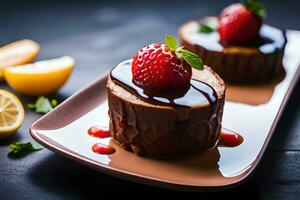 two desserts with strawberries and chocolate on a plate. AI-Generated photo