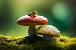 a frog sits on top of a mushroom. AI-Generated photo