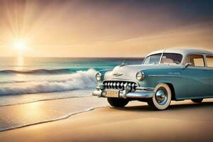 an old car on the beach at sunset. AI-Generated photo