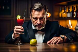 a man in a tuxedo holding a cocktail. AI-Generated photo