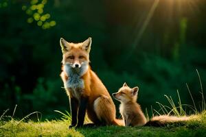 un madre zorro y su cachorro en el césped. generado por ai foto