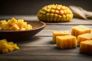 mango cubes in a bowl on a wooden table. AI-Generated photo