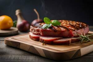 grilled pork on wooden cutting board with herbs. AI-Generated photo